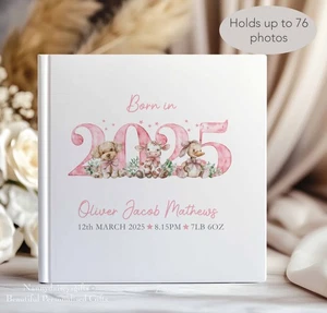 Baby Photo Album ~ first years ~ Born in 2025 ~ boy ~ girl ~ personalised ref4 - Picture 1 of 2