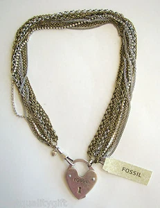 NEW FOSSIL SILVER GOLD TONE MULTI-STAND NECKLACE W/ LOCKET+CRYSTAL-NEW-JA4726998 - Picture 1 of 4