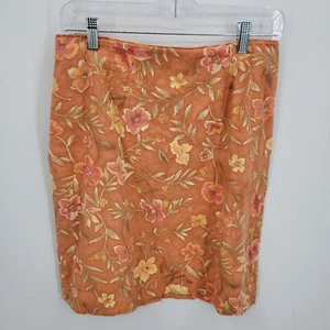 Talbots Skirt Womens 14 Orange Floral Linen Straight Knee Length Romantic Dressy - Picture 1 of 7