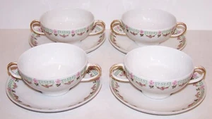SET OF 4 LIMOGES FRANCE WM GUERIN & CO PINK ROSES CREAM SOUP BOWLS & SAUCERS - Picture 1 of 9