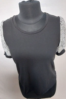 DKNY Black Top Blouse Women’s MED Short Sheer Sleeve Cotton Blend - Image 1 of 4