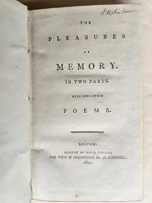 1801 PLEASURES of MEMORY & OTHER POEMS antique AMERICANA poetry ILLUSTRATED - Image 1 of 4