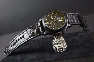 CORREA RELOJ 26 24 22MM GENUINA PIEL ALIGATOR MA STRAP NEGRO BRILLO APTA PANERAI - Picture 1 of 12