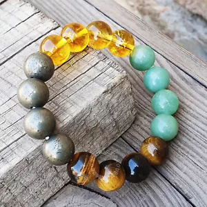 Prosperity Money & Abundance Gemstone Stretch 12mm Beaded Bracelet - Picture 1 of 9