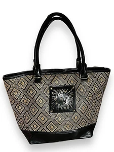 Anne Klein Large Tote Hand Shoulder Bag Purse Black/Natural Woven Straw Patent - Picture 1 of 12