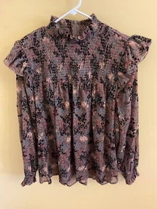 Knox Rose Women Top XL Brown Floral Blouse Boho Smock Peasant Tunic - Picture 1 of 4
