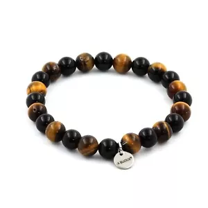 Pulsera Cuentas Ojo de Tigre + Ágata Negro 8Mm. Hecho Francia - Imagen 1 de 3