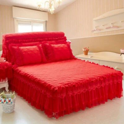 Korean Quilted Cotton Lace Bedspread Dust Ruffle Bed Skirt Queen Fitted Sheet - Image 1 of 4