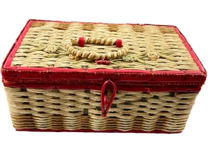 Vintage Woven Sewing Basket w Red Trim Satin Interior Notions Patches Needles - Picture 1 of 6