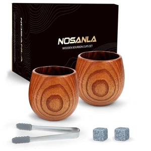 Charred Oak Bourbon Glasses Set with Whiskey Stones & Steel Tongs - Wooden Ol... - Picture 1 of 7
