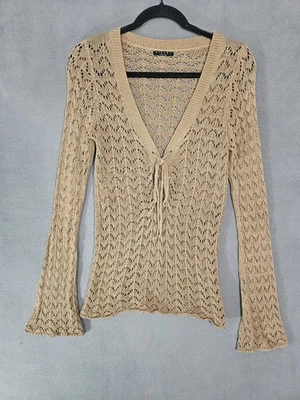 Suéter Sisley Mujer Mediano Playa Tejido Cuello en V Corbata Marrón Boho Manga Acampanada Italiano Foto 1 de 4