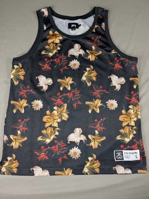 Camiseta sin mangas Stussy para hombre grande negra isla flor malla baloncesto floral Foto 1 de 4
