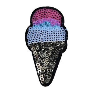 Sequins Ice cream cream Cone Patch - Embroidered Iron On Patches 2.75" x 1.5" - Picture 1 of 3