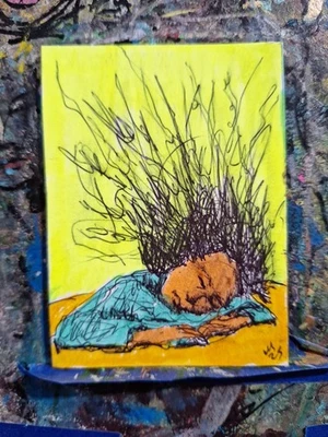 Mujer Durmiendo Soñando ACEO ATC ROBLE ORIGINAL 3,5 x 2,5 pulgadas Foto 1 de 3