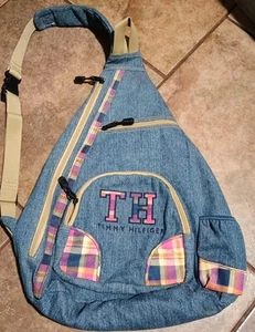 Vintage Tommy Hilfiger Women’s Denim/Pink Plaid Full Size Sling Backpack - Picture 1 of 11