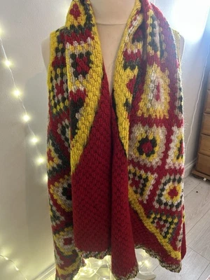 Knitted Granny Square Open Front Shrug Poncho Cape Boho Red Yellow XL - Image 1 of 4