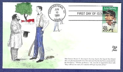 1989 hand painted FDC #2417 Dick & Jane cachet w/Abe Lincoln playing baseball - Image 1 of 2