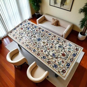 Beistelltisch aus weißem Marmor - Lapislazuli Halbedelstein Blumenintarsien Artwork Deco - Bild 1 von 9