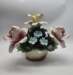 Capodimonte Italy Rosa Gelb Rosen Blau Keramik Blumen Nuova Herzstück Vintage - Bild 1 von 16