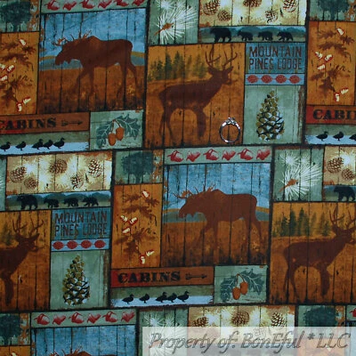 BonEful FABRIC FQ Cotton Quilt Scenic Cabin Animal Deer Moose Bear Block Square - Image 1 of 4