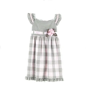 Rare Too Sz 4T White Brown Pink Check Flower Ribbon Cotton Blend Girls Dress - Picture 1 of 6