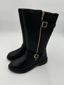 FabKids Boots Unisex Kids Quilted Tall Moto Black Block Heel Zip Buckle Size 5 - Picture 1 of 14