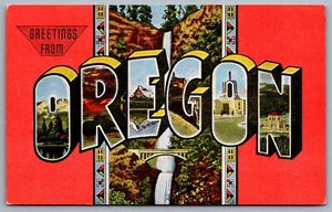 Postcard OR c1940s Greetings from Oregon Large Letter Greeting Multi View Linen - Picture 1 of 2