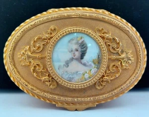 Antiker französischer Ormolu handbemalt signiert Portrait Goldbronze Waschtischkasten 41/4x3x11/4 - Bild 1 von 13