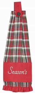 Set of 2 Button Loop Kitchen Towels Red Ruffled Green Plaid Seasons Greetings - Picture 1 of 8