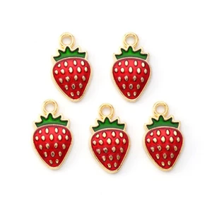 Enamel Charms Red Strawberry Fruit Charms Gold Base 17mm x 10mm 10pcs E45 - Picture 1 of 2