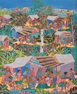 Signed Clark Constant Haitian Art Village Scene Classic Arbonite Style Painting - Picture 1 of 6