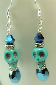 Turquoise Skull Howlite Rhinestones Earrings Crystal Handmade Halloween Boo - Picture 1 of 1