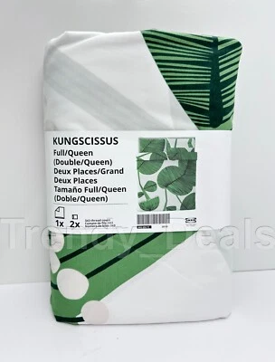 Ikea KUNGSCISSUS Full/Queen Duvet Cover w/2 Pillowcases Bed Set White/Green - Image 1 of 4