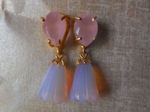 Hand Carved Chalcedony With Pink Opal Earring Carving Drop Earring Gemstone Stud