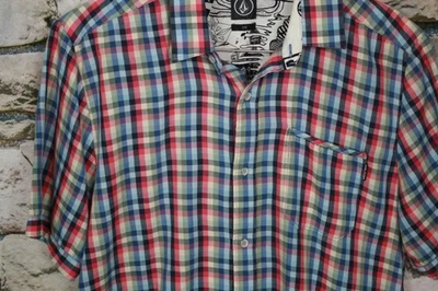 VOLCOM Men’s Shirt Colorful Check All Cotton Slim Fit Short Sleeve Large - Image 1 of 4