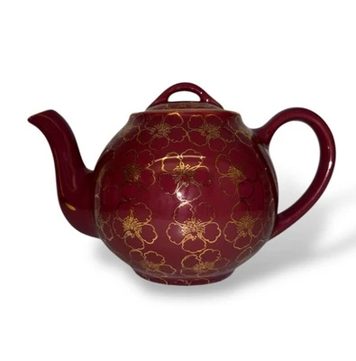 Vintage Hall 053 French Teapot Maroon Red w/ Gold Dogwood Flowers USA 6 Cup - Image 1 of 4