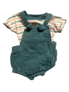 Cat & Jack Size NB Soft Sage Green Overalls w/ Stripe Shirt with Green & Orange - Picture 1 of 3