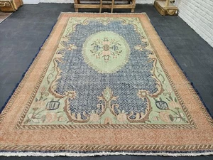 Alfombra grande vintage hecha a mano azul orgánica para dormitorio 7x10, 84"x126" - Imagen 1 de 14