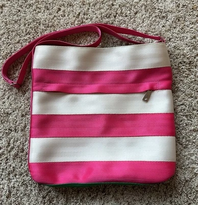 Bolso de mano vintage Harveys cinturón de seguridad horizontal rosa y blanco con verde Foto 1 de 4