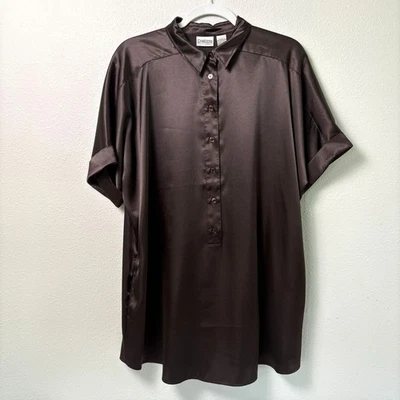 Top túnica Chicos Popover talla 3 US XL marrón satinado puños manga corta bolsillos Foto 1 de 4