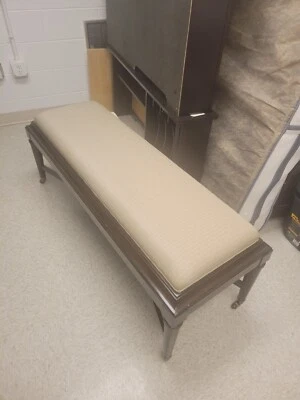 Cushioned bed end bench, solid wood in espresso with beige cushion, vintage. - Image 1 of 3