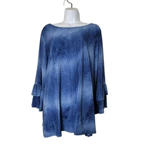 New Direction Tunic Blouse, Women 3X, Blue W/Swirl Print, Ruffle Sleeves, EUC - Picture 1 of 12