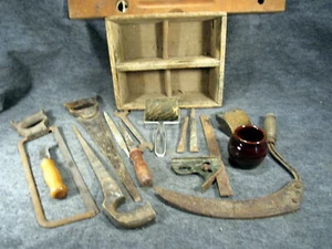 LOT OF 16 ANTIQUE TOOLS SAWS LEVEL SICKLE WOOD BOX VINTAGE CHISEL MORE - Picture 1 of 12