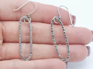 925 Sterling Silver Textured Oval Hoop Earrings Handmade Dangle Drop Earrings - Picture 1 of 5