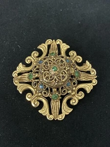VTG 60s/70s Signed Florenza Pill Holder Stash Brooch/Pin - Green Blue Stones - Picture 1 of 6