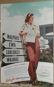 1940 MATSON LINES advertisement, Hawaii, Oahu, young lady at cross-road signs - Imagen 1 de 3