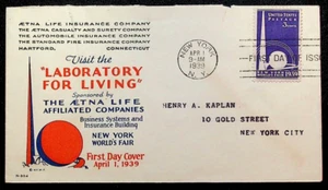 FDC #853-5, 4/1/1939, NEW YORK, AETNA LIFE INS. CO. CACHET - Picture 1 of 2