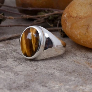 Natural Tiger's Eye Gemstone with 925 Sterling Silver Ring for Men's #1595 - Picture 1 of 5