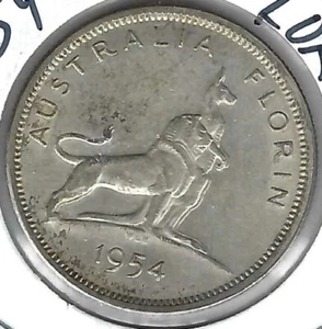 1954 Australia Florín de Plata Circulada QEII y León + ¡Moneda Canguro! (#7) - Imagen 1 de 2