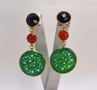 ORECCHINI IN ORO GIALLO 18KT CON ONICE GIADA VERDE E CORALLO ROSSO OGHT 0719 - Immagine 1 di 3